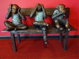 LARGE BRONZE SCULPTURE 3 MONKEYS, SEE HEAR SPEAK NO EVIL, ALMOST 4 FT LONG