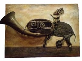 HUGE GEORGE ABRAMIDZE (GEORGIA/RUSSIA) MIXED MEDIA STEAMPUNK ARTWORK, TITLED "FRIENDS"