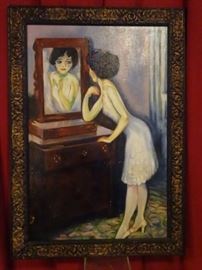 LARGE AFTER KEES VAN DONGEN OIL ON CANVAS PAINTING, GIRL BEFORE A MIRROR