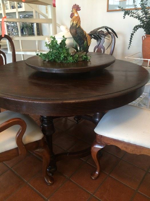 Round dining table with built-in Lazy Susan; 4 dining chairs; rooster