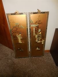 Mid Century PAIR Asian Hand Painted Wall Art(there are 2 Sets)