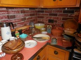 Vintage Kitchen! Pyrex Yellow Mixing Bowl., Pyrex Butter Print Covered Dish, Teak Salad Bowls, Corning Ware