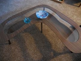 Mid Century Kidney Shape Two Tier, Cocktail Table.By Jenson Phillips New Jersey. Laminate.Art Glass