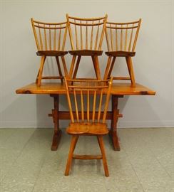 5' Pine Trestle Table & (4) Chairs by Hunt Furniture, Wingdale New York