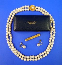Tiffany 14k Tie Clip, Pearls 16" double strand with earrings