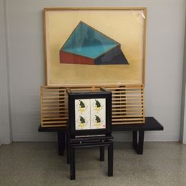 2 Nelson Slat Benches, Pastel on Paper "Venetian Sky Framed" Signed Susan Yelavich (Sept 8, 1981), Pr. Title Top End Tables