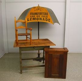 Early Tavern Table, Hanging Cupboard, Child's Chairs, Red Hot Umbrella