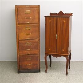 Oak File Cabinet, Mahogany Music Cabinet