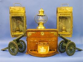 Oak Smokers Box, Brass Lanterns, Cast Iron Cannons