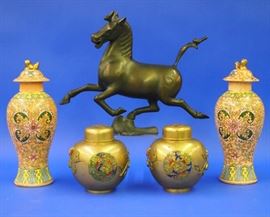 Bronze Horse, Pr. Chinese Porcelain Covered Jars, Pr. Bronze Ginger Jars