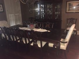 Beautifully detailed, solid mahogany in Chippendale style dining room suite (Stanley Furniture "Stoneleigh 60th Anniv. Commemorative Collection") with elegantly curved, hand carved cabriole legs accented with ball & claw feet (Located at another site)