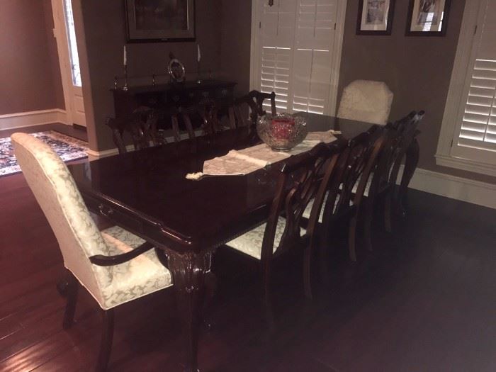 Strong and sturdy mahogany (Chippendale style) dining room table and chairs with  superb craftsmanship  (Located at another site)