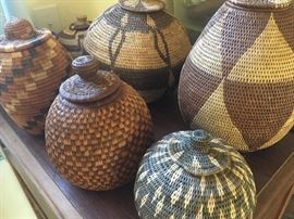 various handwoven baskets - many from Botswana
