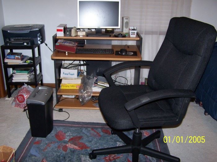 Computer Desk,  Chair, Printer/Fax, Stand, Shredder, area Rug, misc office supplies