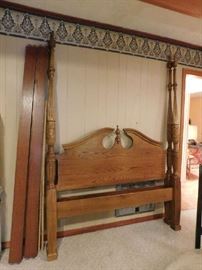 Oak King Poster Bed., heaviy carved posts