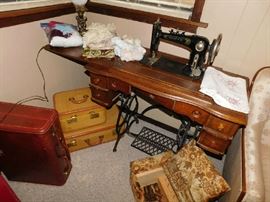 Vintage Treadle in cabinet, vintage luggage
