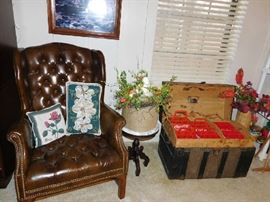 Tuffted Chair, Mahogany Marble Top Stand, Small Trunk in great condition, Plastic Coke carriers
