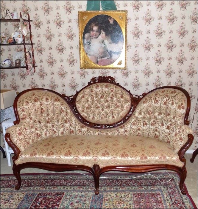 Victorian Cameo Back Sofa with Pierce Carved Floral Detail and Floral Velvet Upholstery.