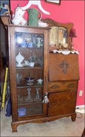 Oak Side-by-Side Secretary Bookcase. Some of the Collectible Porcelain and Glassware.