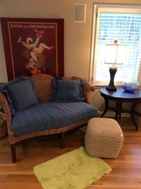 Baker loveseat and round lamp table. Loveseat comes with 2 other color scheme fabric suites.