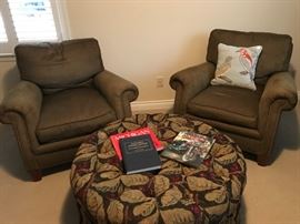 Upholstered chairs & ottoman.