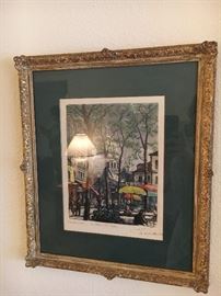 Colored etching of Montmartre street scene in Paris, France
