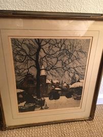 Colored etching of French winter street scene 20.5” x 22.5” 