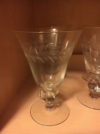 Set of 9 large and 12 small crystal&nbsp;flared wine and dessert glasses w/etched wheat pattern