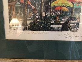 Colored etching of Montmartre street scene in Paris, France