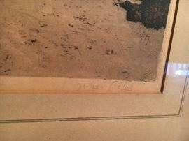 Colored etching of French winter street scene 20.5” x 22.5” 