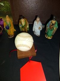 Signed Baseball by Charlie Grimm and 4 Chinese Mud sculptures 
