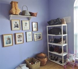 Framed prints, baskets, purses, shoes, toys