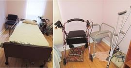 hospital bed, walker, potty seat