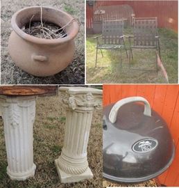 garden pots, chairs, grill