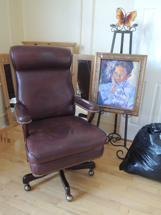leather executive chair (nice), metal easel, original art