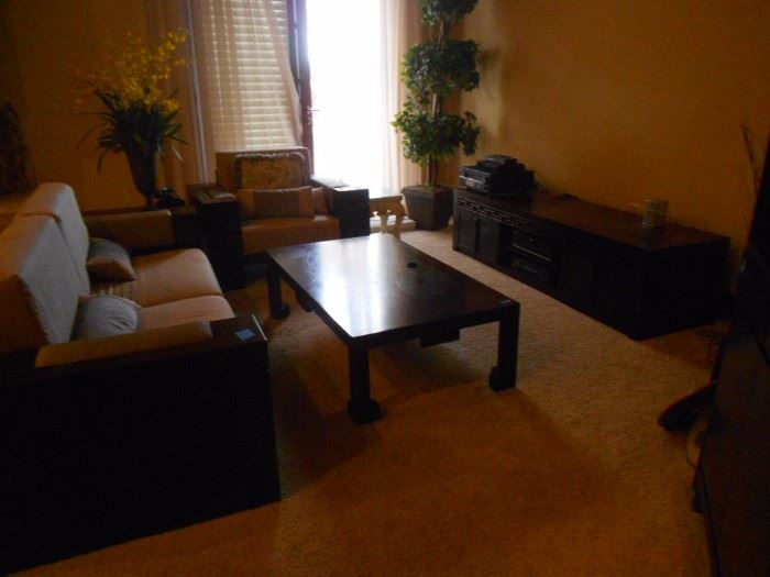 Complete living room set with same design.  Many pieces including TV stand, coffee and end tables, chairs, couches, and more!