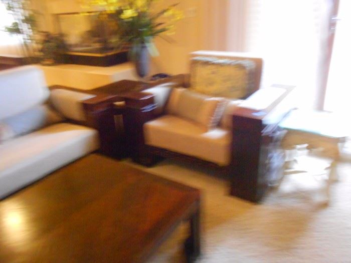 Complete living room set with same design.  Many pieces including TV stand, coffee and end tables, chairs, couches, and more!