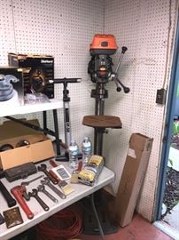 DRILL PRESS, TOOLS IN BOXES