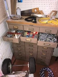 MENS DISNEYLAND --LOTS OF  MISC "FIX IT ITEMS" IN METAL BOX...BRASS KNOBS, LOCKS, NUTS, BOLTS, SCREWS, LATCHES