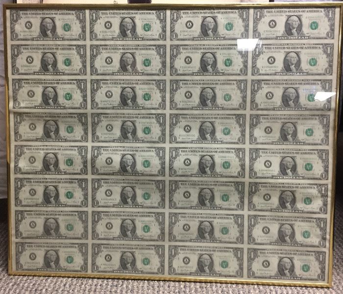 Uncut sheet of $1.00 bills