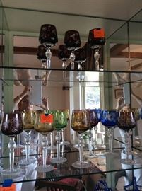 Collection of bohemian cut colored glasses 
