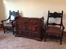 English trunk & pair of 19th century Spanish chairs
