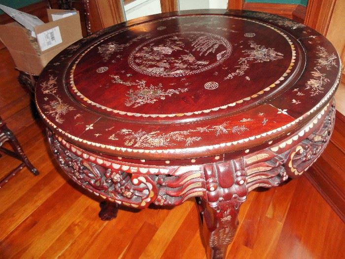 Elegant Mother of Pearl in lay wood carved table 36" across with 4 chairs