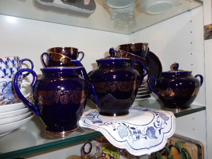 Russian tea set cobalt blue with gold accents china