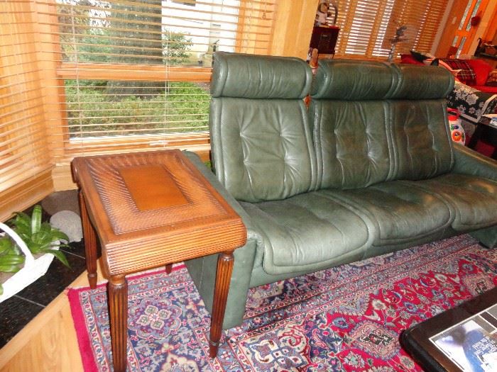 House of Denmark leather recliner couch & wood end tables
