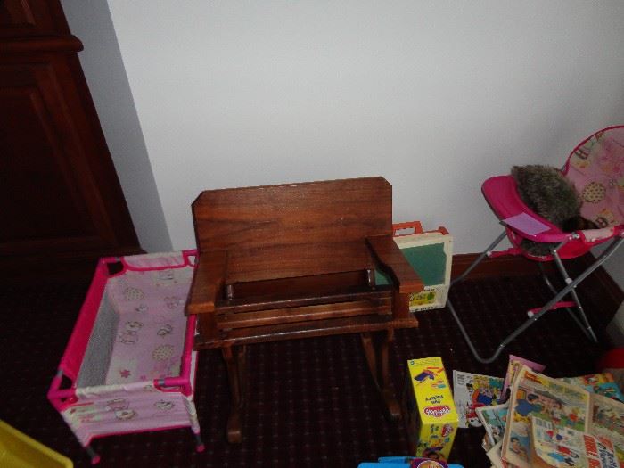 Children's toys high chair, bed, play pen, wood bench and wood table & chairs