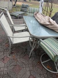 PATIO FURNITURE TABLE & 6 CHAIRS, SWING, LOUNGER & COFFEE TABLE