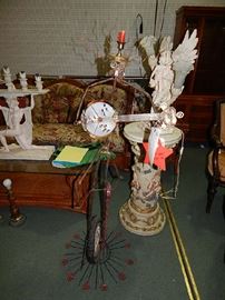 wicker set, art sculptures, lamps, lighting