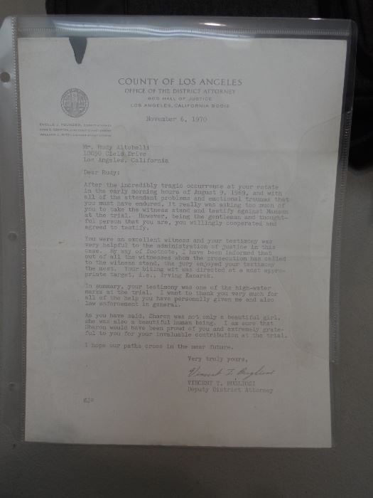 A copy of a letter to Altobelli from Vincent Bugliosi thanking him for his testimony in the Manson case.