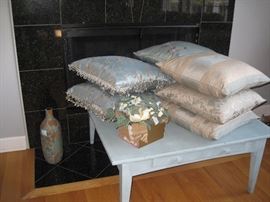 Vintage Blue painted coffee table, Decorator pillows